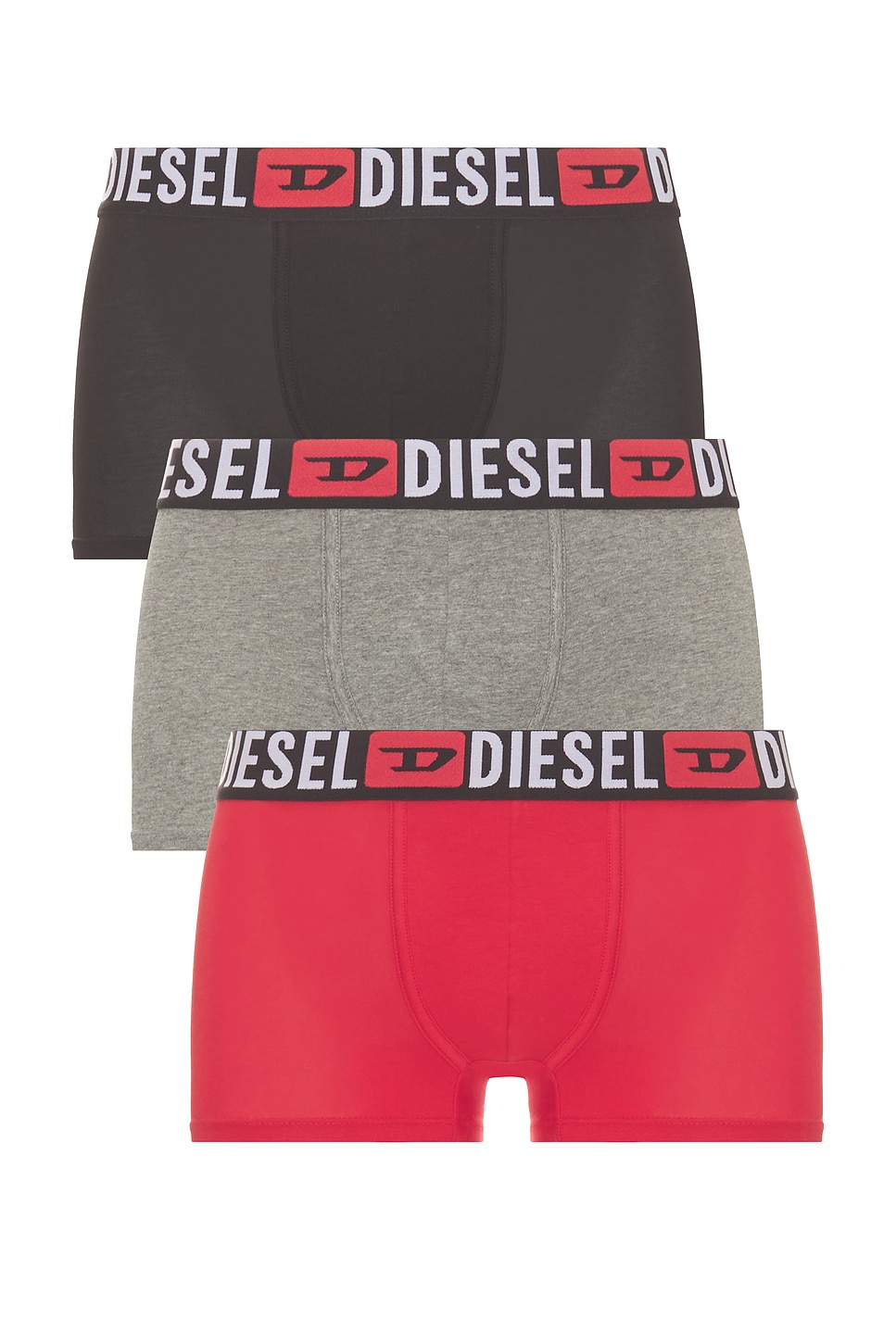 Image 1 of Diesel Three-pack Of All Over Logo Waist Boxers in Black, Red, & Grey