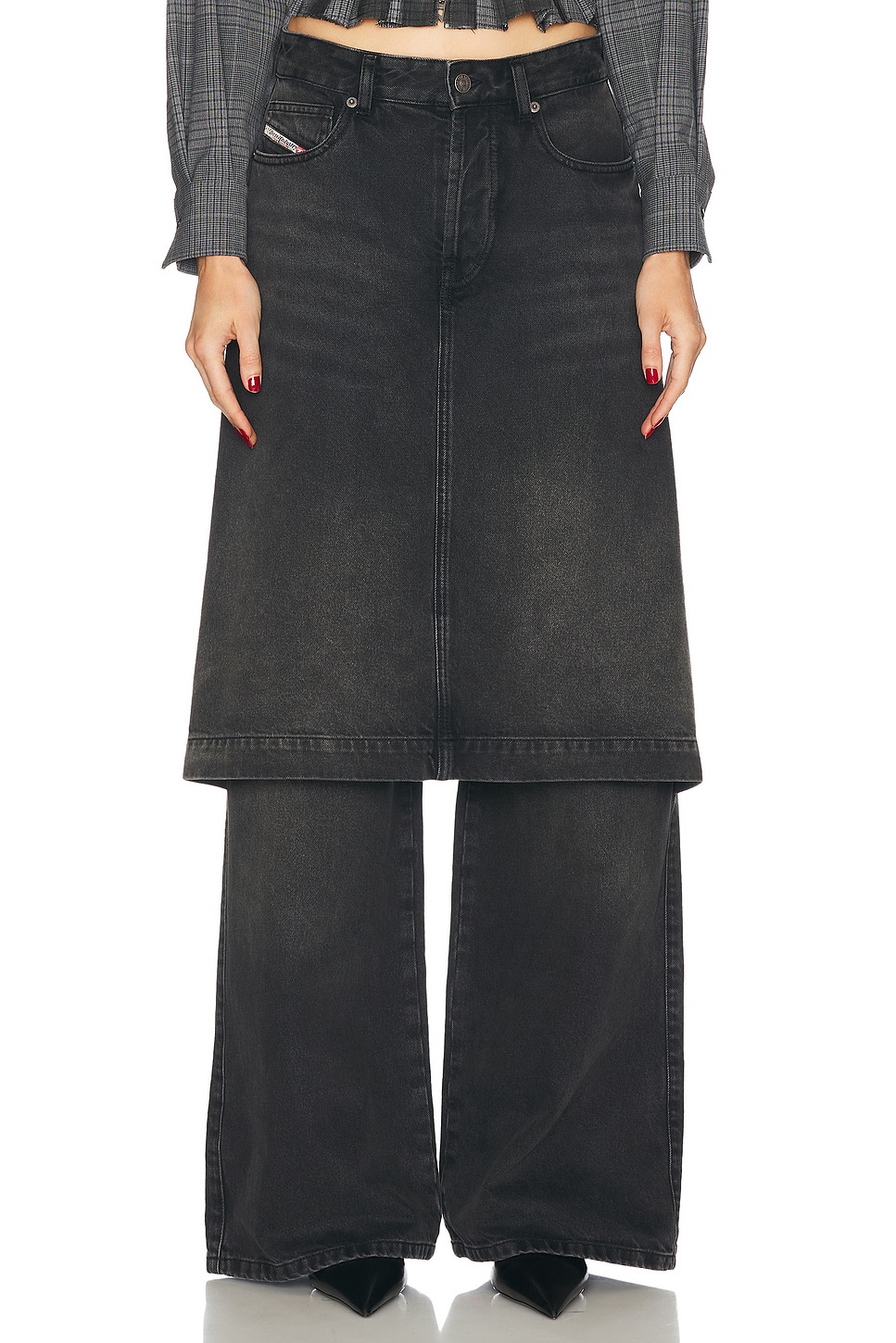 Image 1 of Diesel Wide Leg With Skirt Overlay in Black Denim