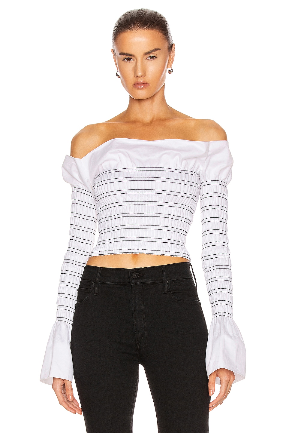 Image 1 of Dion Lee Shirred Cotton Long Sleeve Top in Ivory & Black
