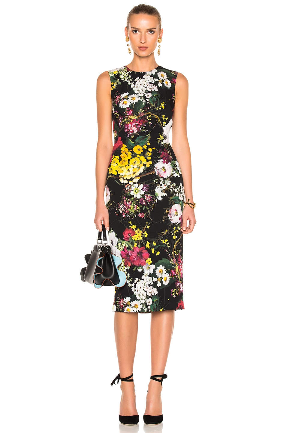 Image 1 of Dolce & Gabbana Floral Sleeveless Midi Dress in Black Multicolor