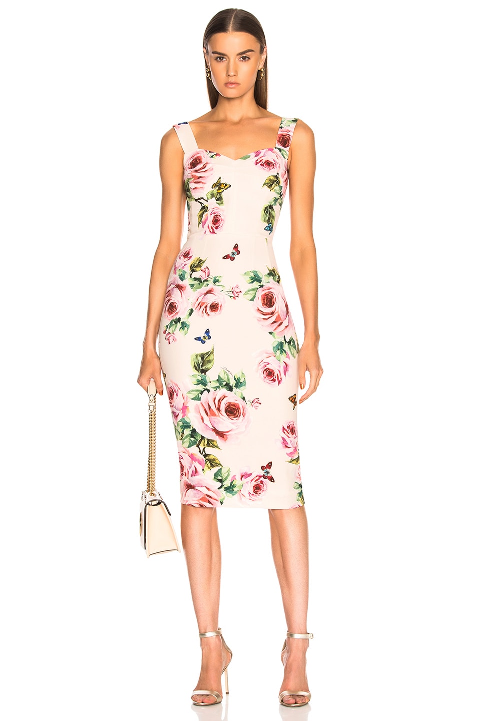 Image 1 of Dolce & Gabbana Floral Cady Sleeveless Midi Dress in White & Pink