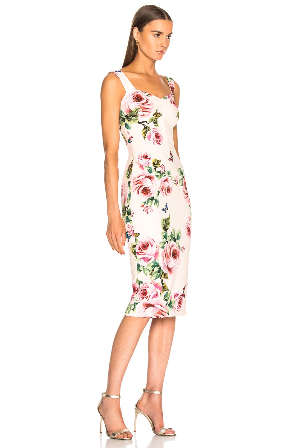 Dolce & Gabbana Floral Cady Sleeveless Midi Dress in White & Pink | FWRD