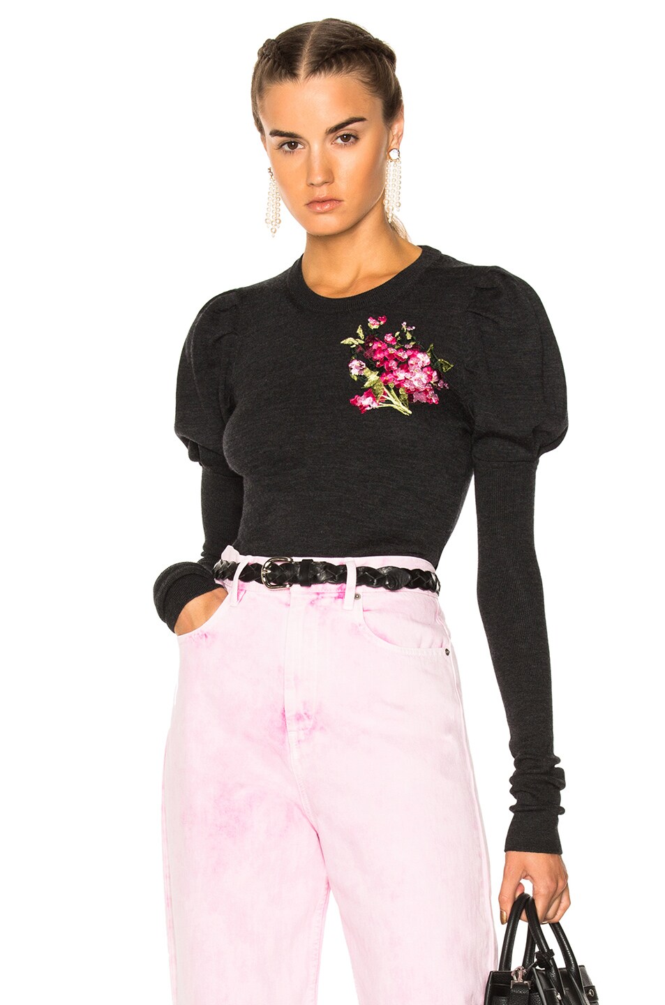 Image 1 of Dolce & Gabbana Crewneck Puff Sleeve Sweater in Black