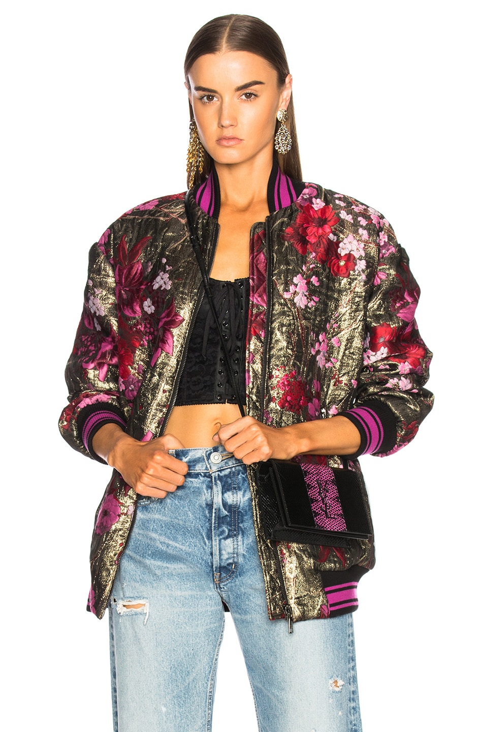 Image 1 of Dolce & Gabbana Floral Jacquard Bomber Jacket in Gold & Pink