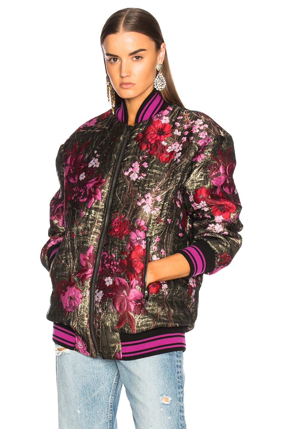 Dolce & Gabbana Floral Jacquard Bomber Jacket in Gold & Pink | FWRD