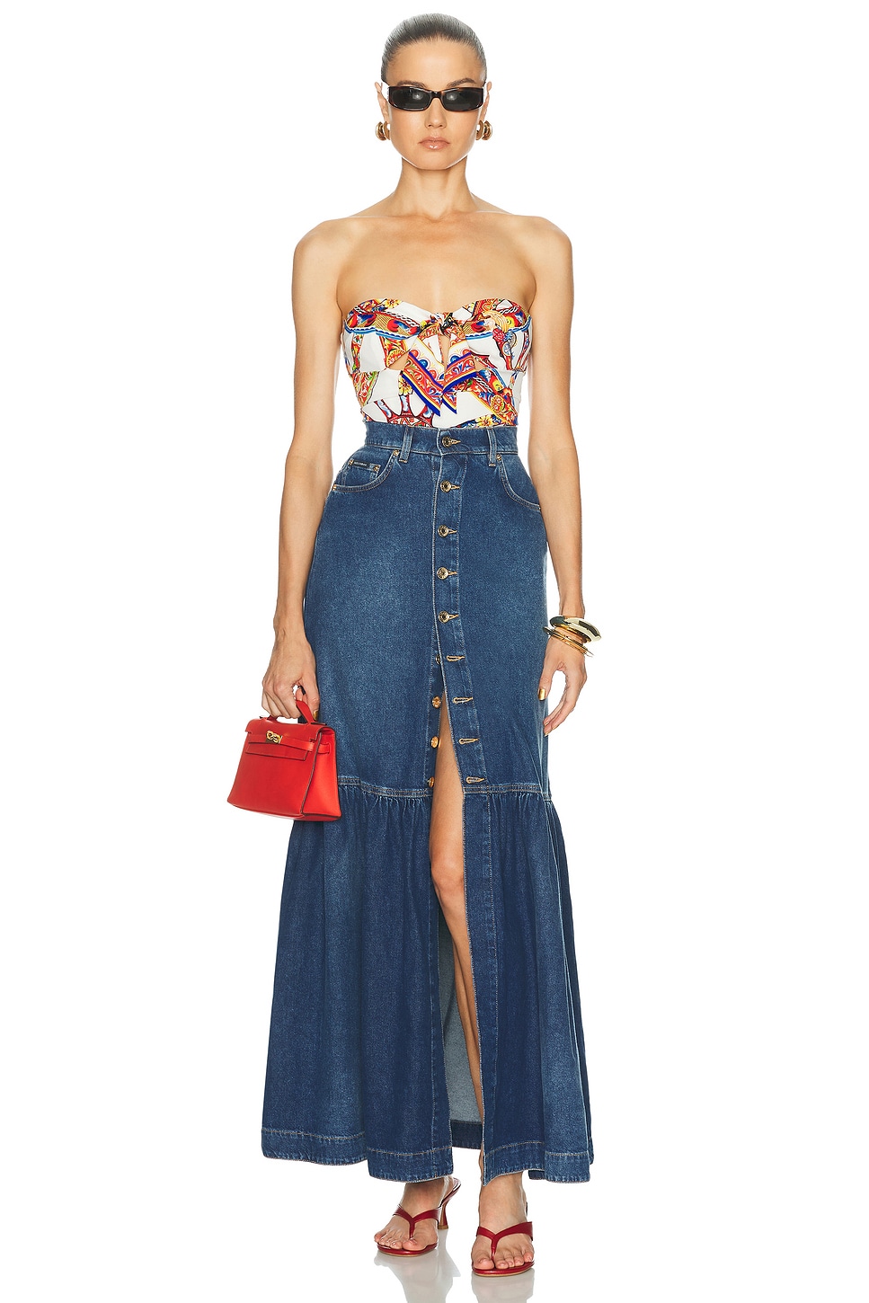 Button Front Denim Maxi Skirt