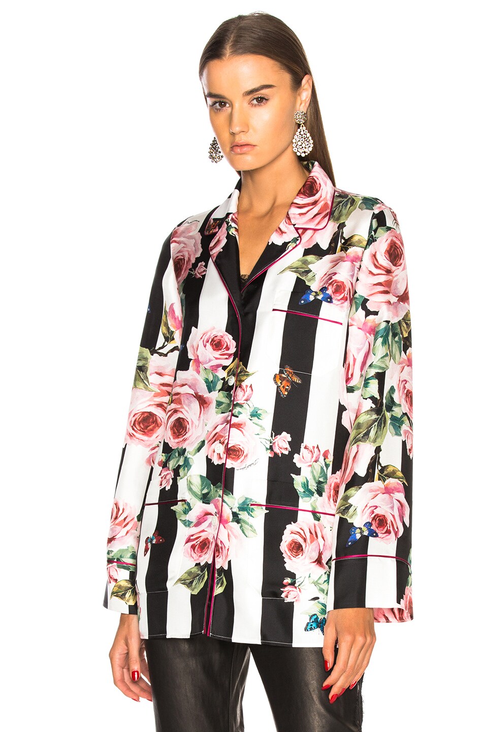 Image 1 of Dolce & Gabbana Floral Striped Twill Pajama Top in Black, White & Pink