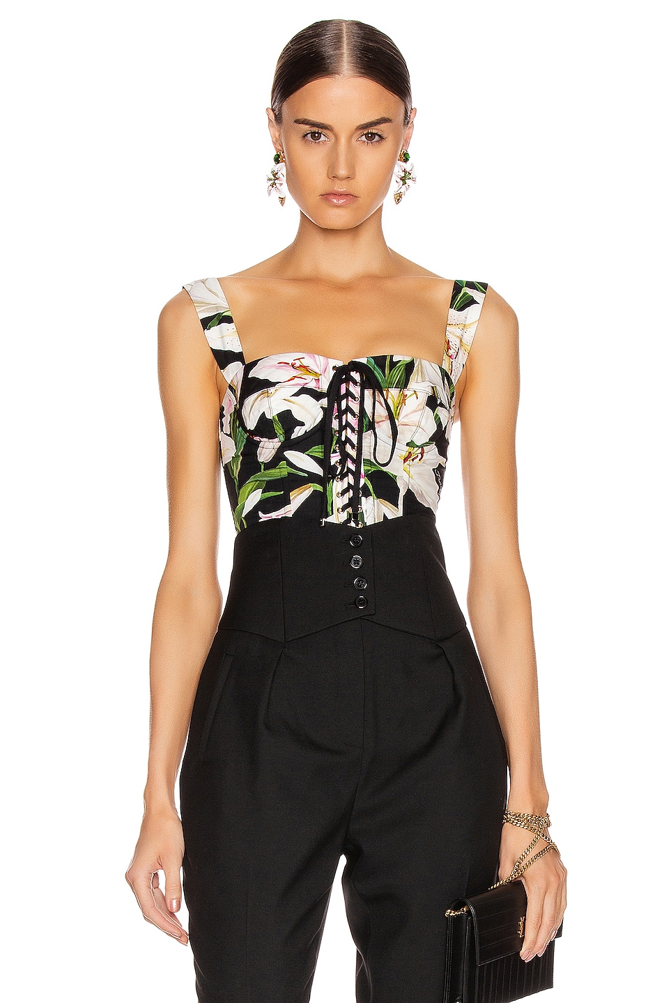 Image 1 of Dolce & Gabbana Lace Up Short Corset Top in Black Floral