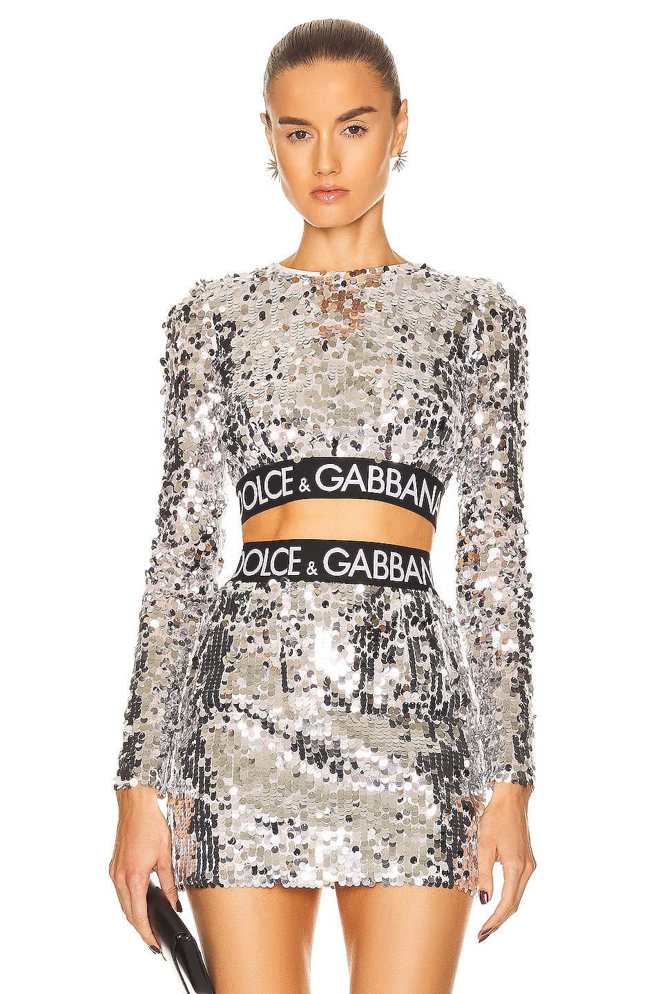 Image 1 of Dolce & Gabbana Long Sleeve Sequin Crop Top in Silver