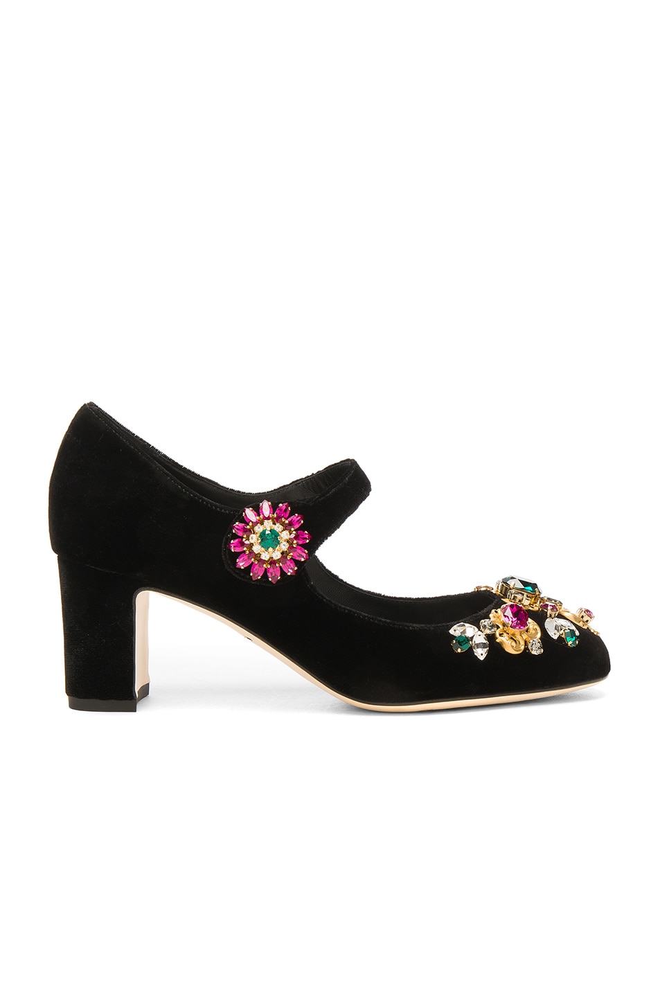 Image 1 of Dolce & Gabbana Jewel Embellished Velvet Maryjane Heels in Black