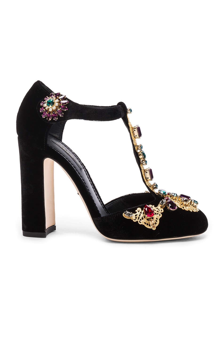 Image 1 of Dolce & Gabbana Jewel Embellished Velvet T Strap Heels in Black
