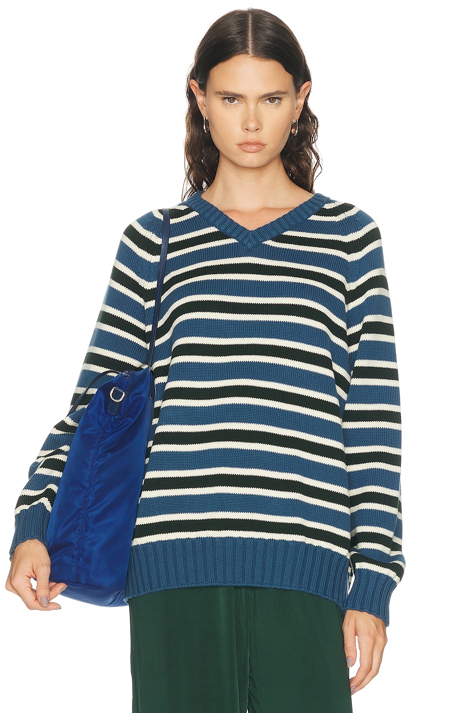 DONNI. The Cotton Knit Stripe V-Neck Sweater