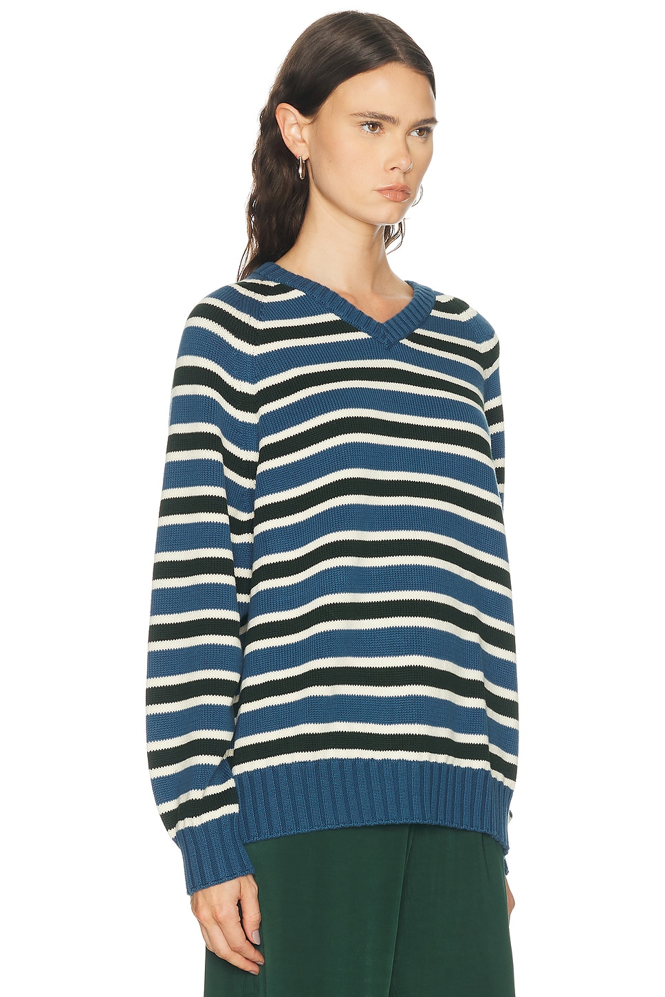 DONNI. The Cotton Knit Stripe V-Neck Sweater