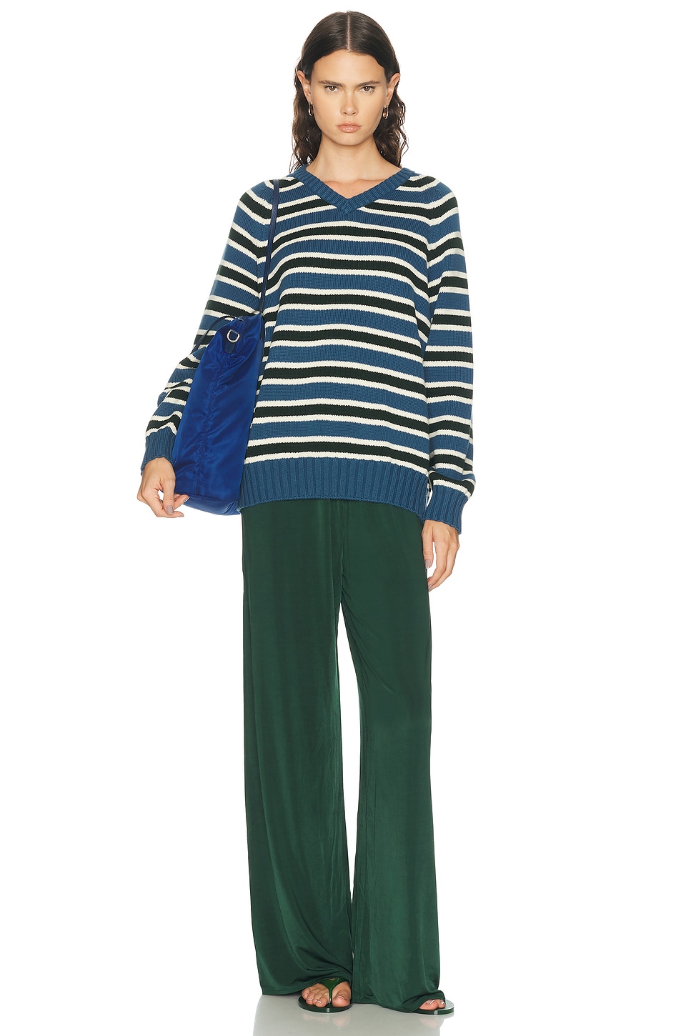 DONNI. The Cotton Knit Stripe V-Neck Sweater