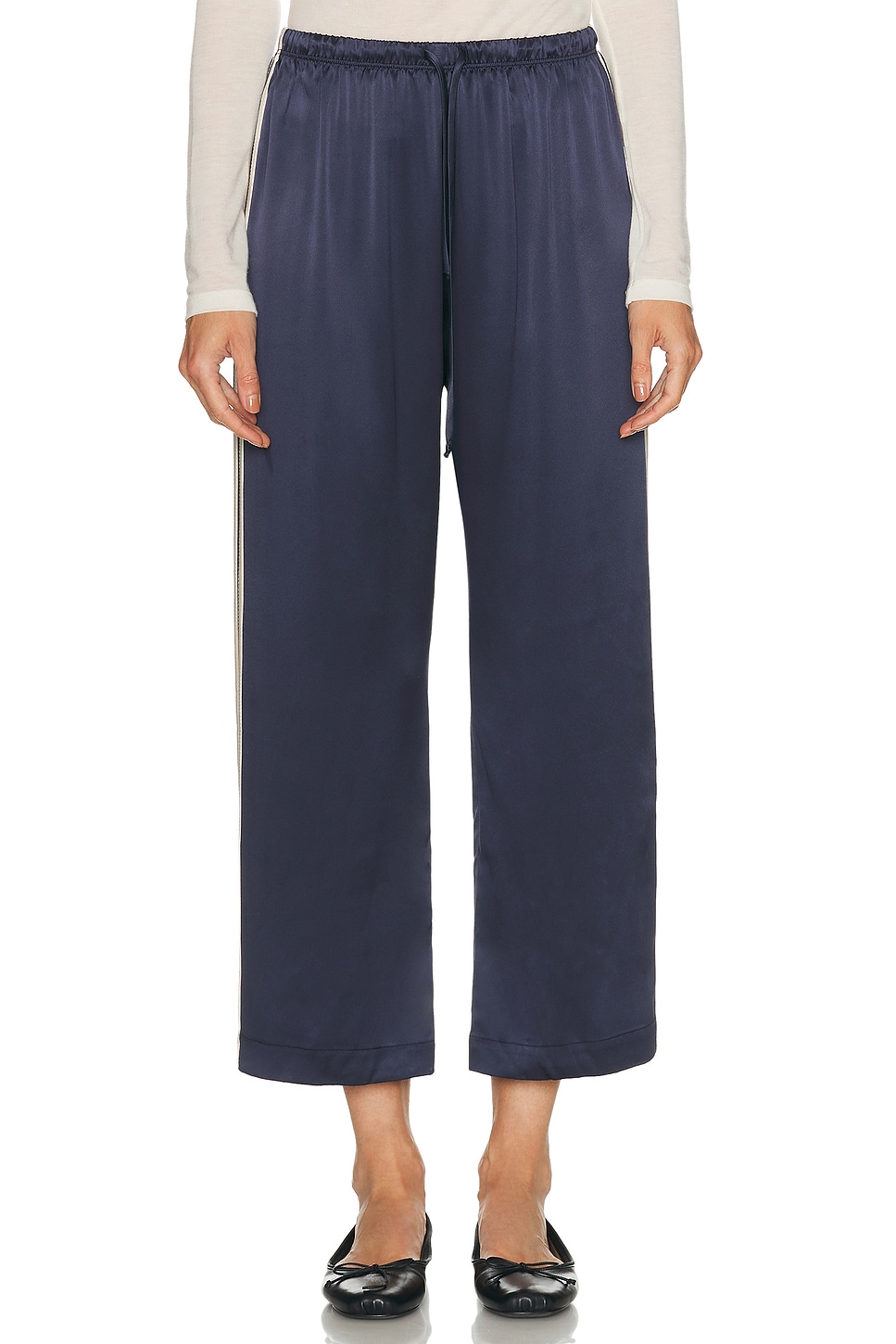 Image 1 of DONNI. The Silk Stripe Crop Pant in Navy