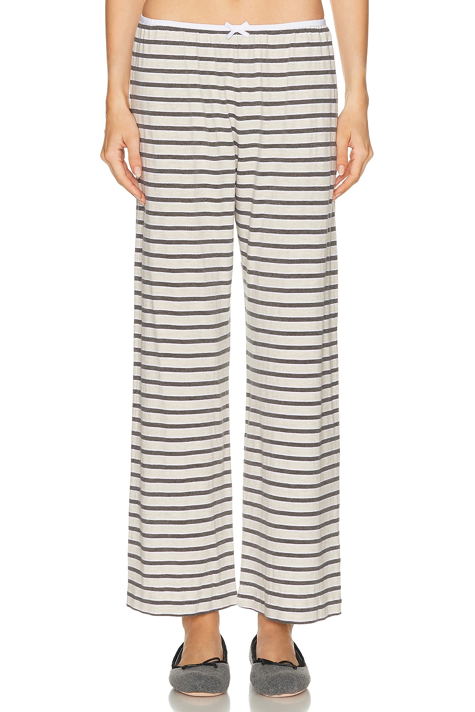 Image 1 of DONNI. The Stripe Jersey Bow Simple Pant in Oatmeal