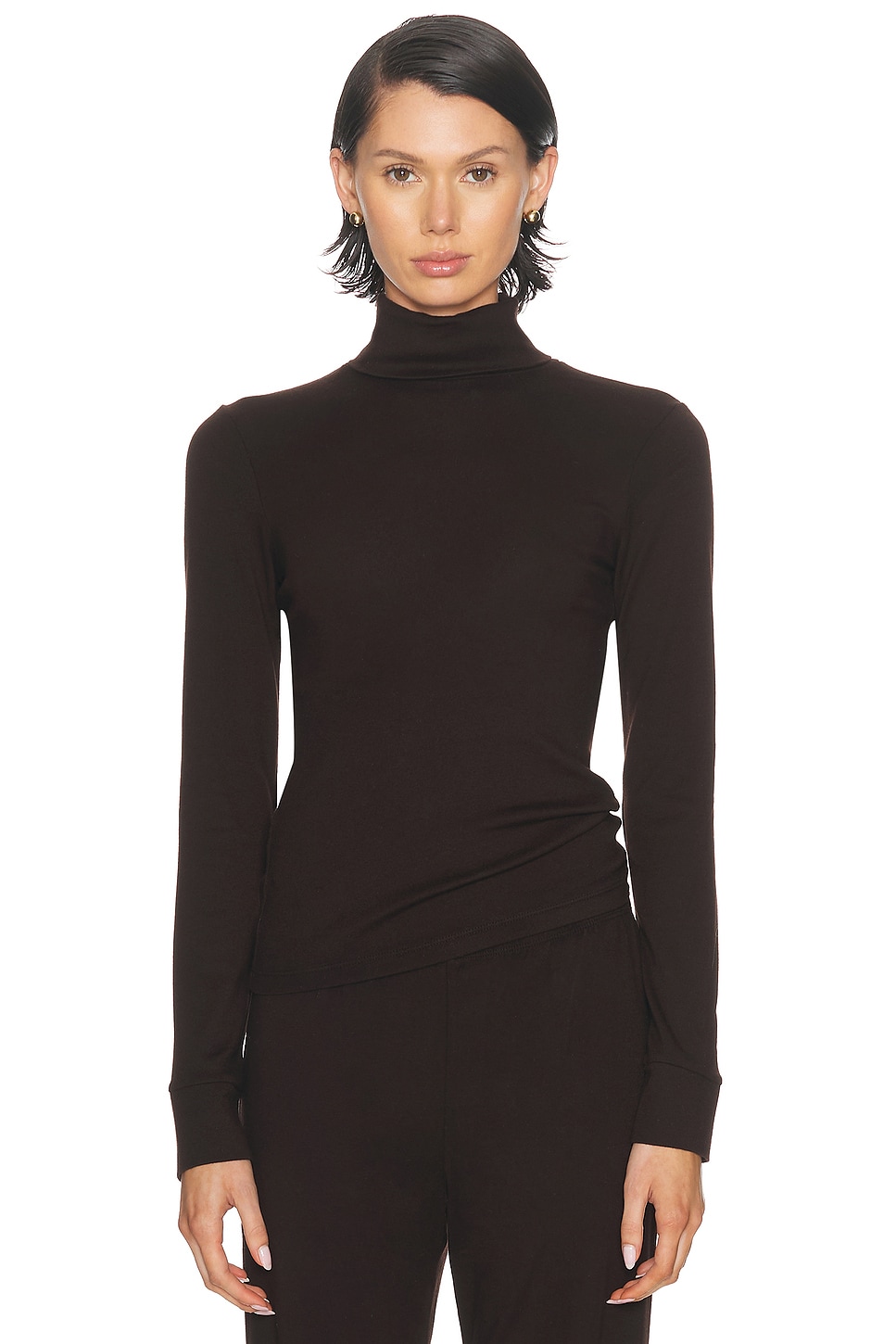 Image 1 of DONNI. The Baby Rib Turtleneck Top in Espresso
