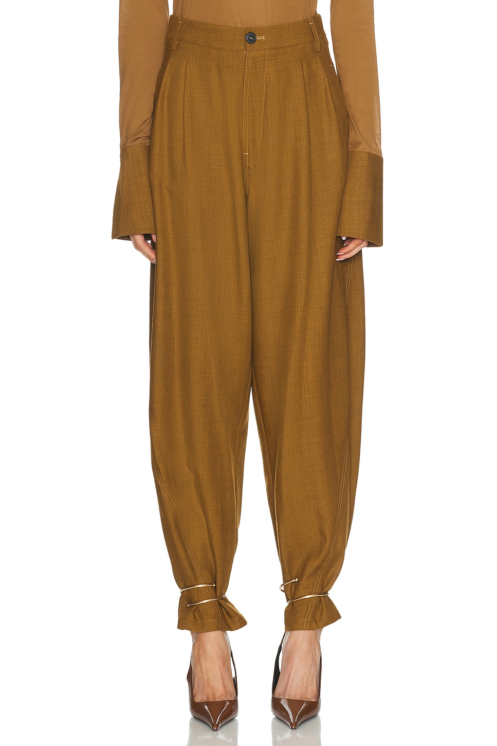 Image 1 of DARKPARK Phebe Cuff Adorned Wide Leg Fluid Wool Pant in Ochre