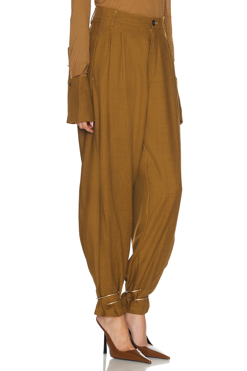 Darkpark Phebe Cuff Adorned Wide Leg Fluid Wool Pant In Brown