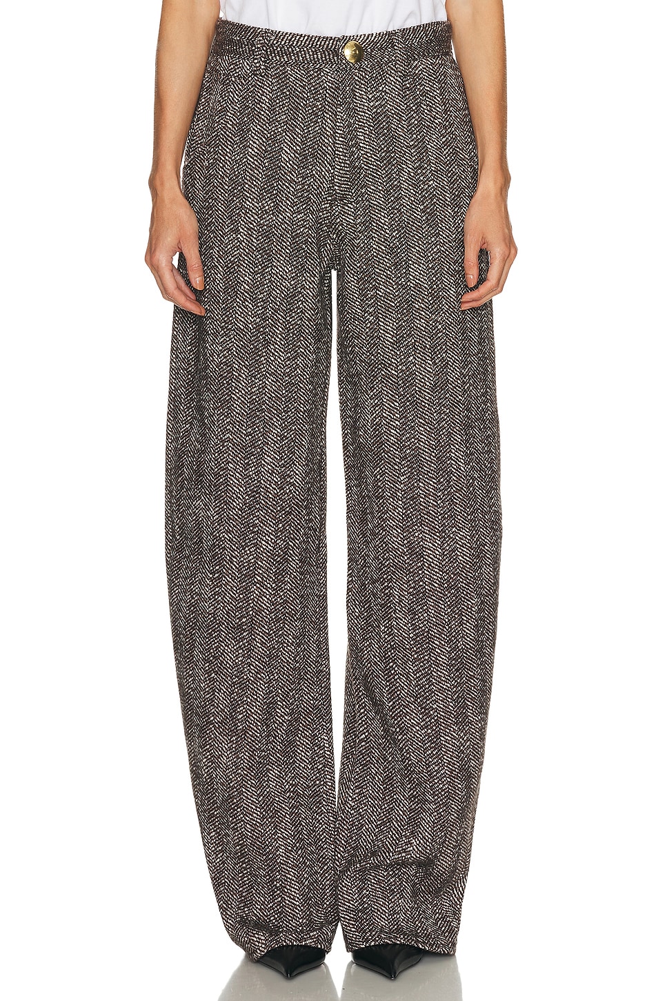 Image 1 of DARKPARK Khris Herringbone Wool Barrel Leg Pant in Brown, Black, & White