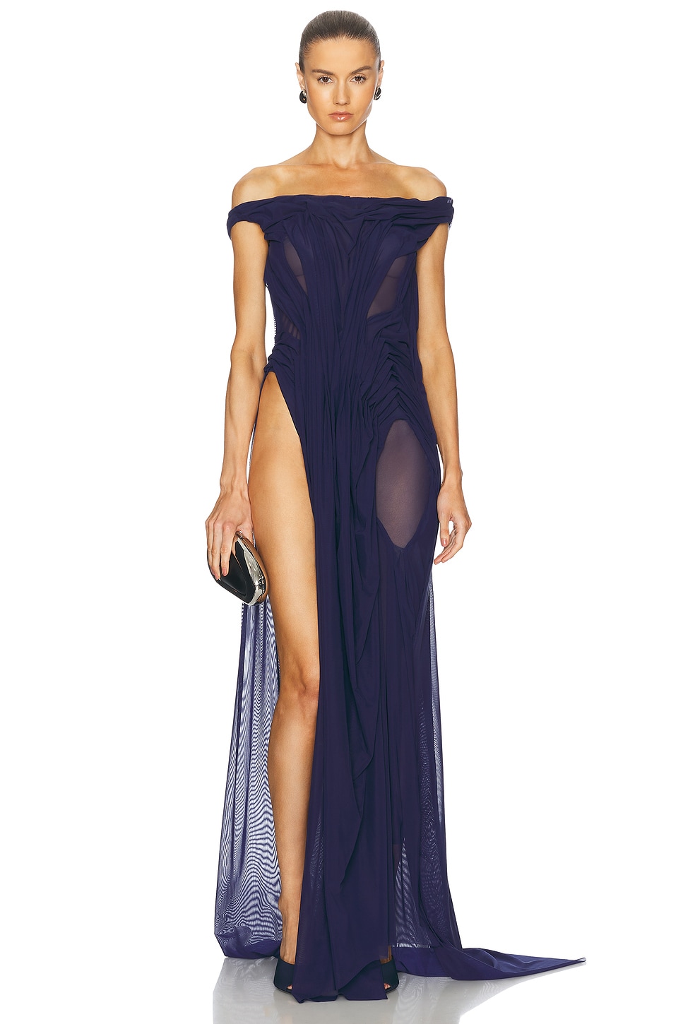 Wetlook Off Shoulder Long Dress in Navy