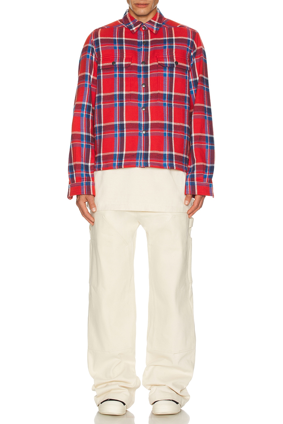 Image 1 of DRKSHDW by Rick Owens Cropped Outershirt in Red Plaid