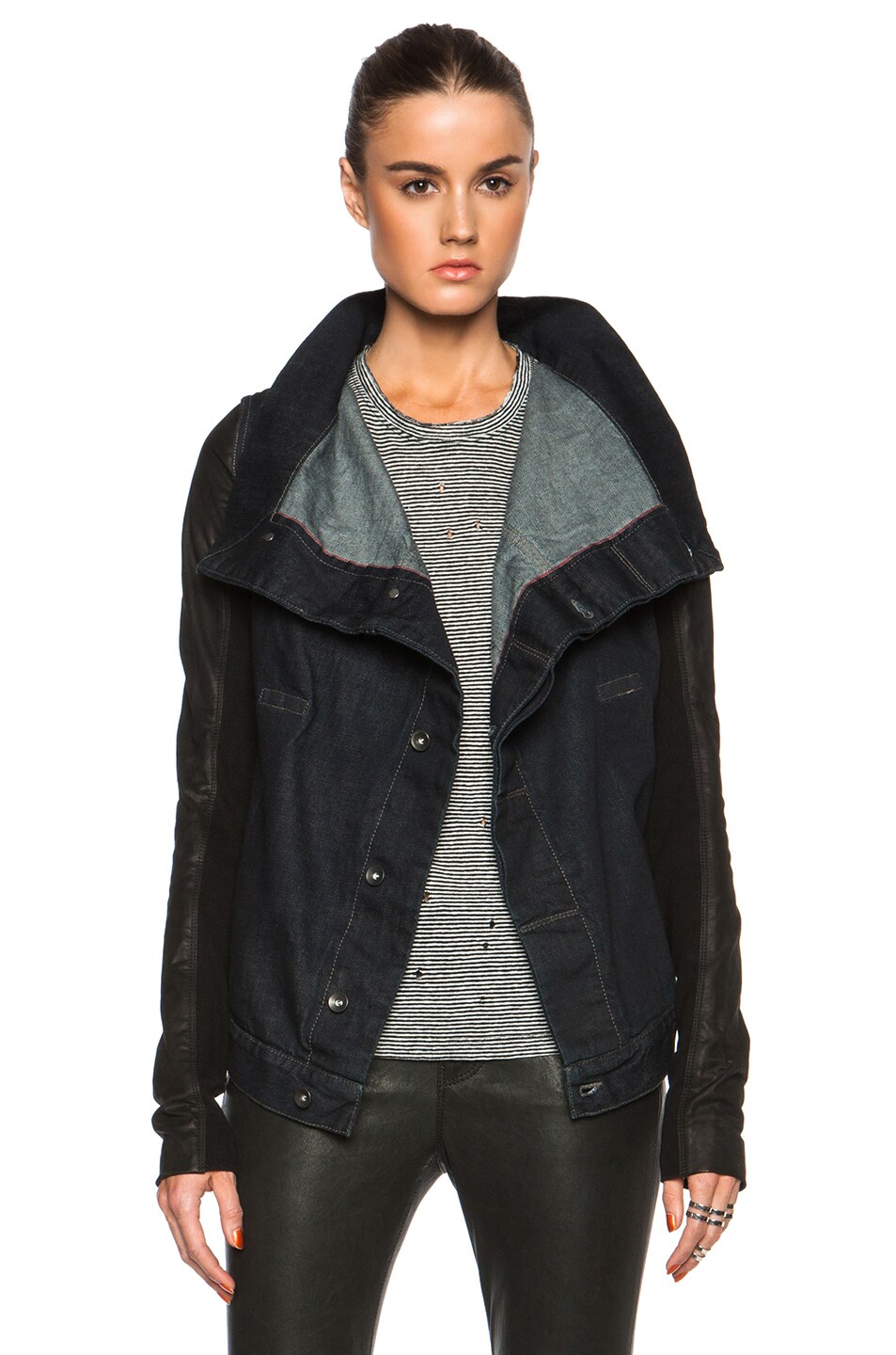 Image 1 of DRKSHDW by Rick Owens Exploder Jacket with Leather Sleeves in Blue Black