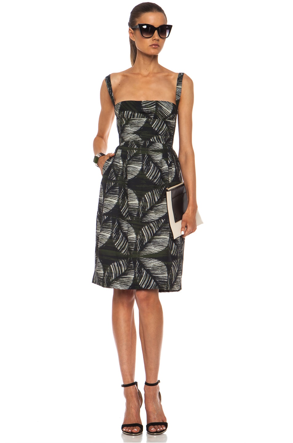 Image 1 of DSQUARED 50's Linen-Blend Palm Dress in White, Black & Green