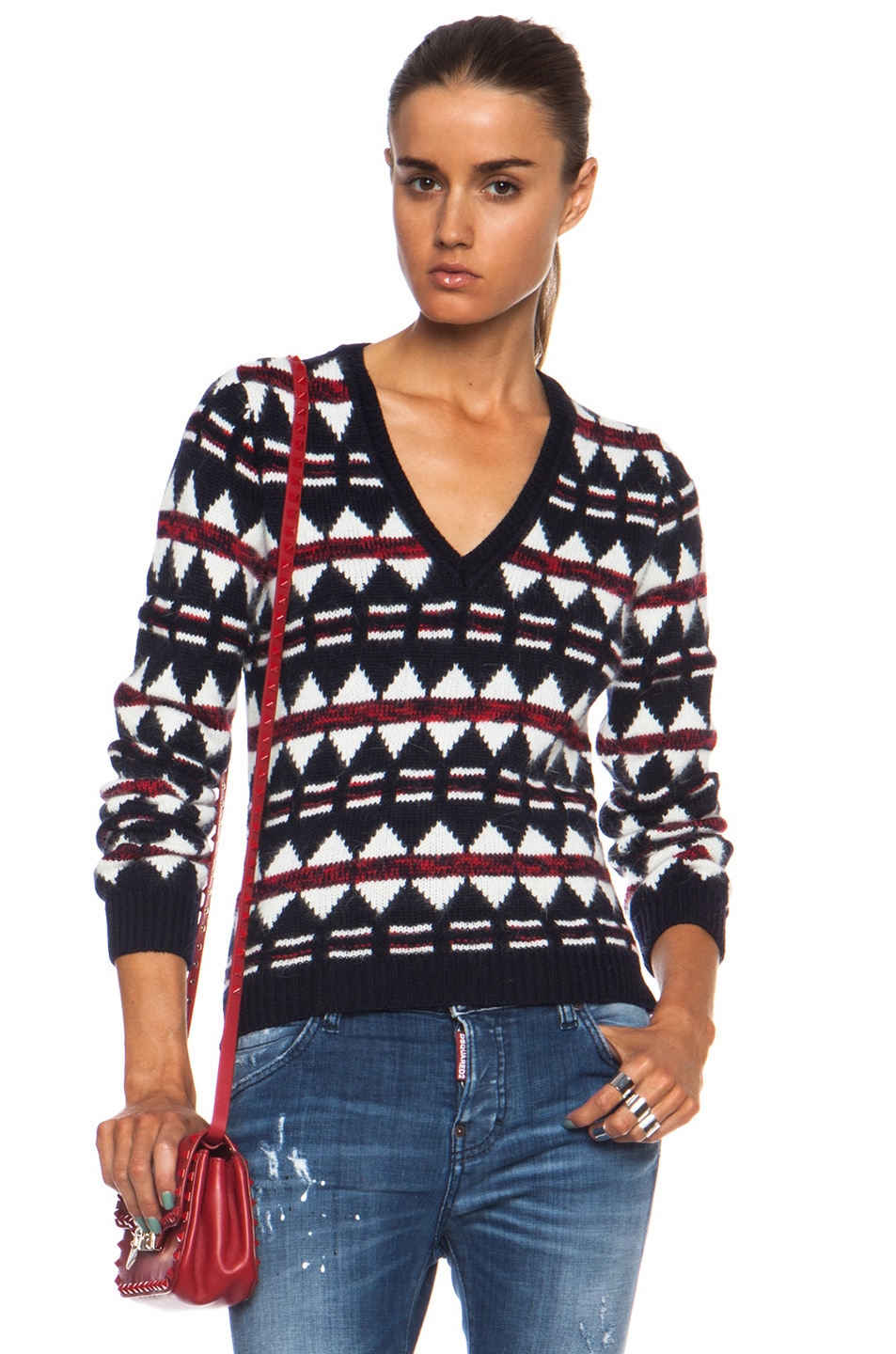 Image 1 of DSQUARED Wool Angora Jacquard Wool-Blend Sweater in Navy, White & Red
