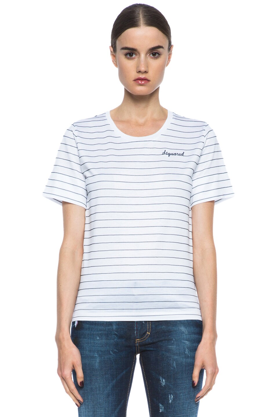 Image 1 of DSQUARED Stripe Cotton Tee in White/Blue