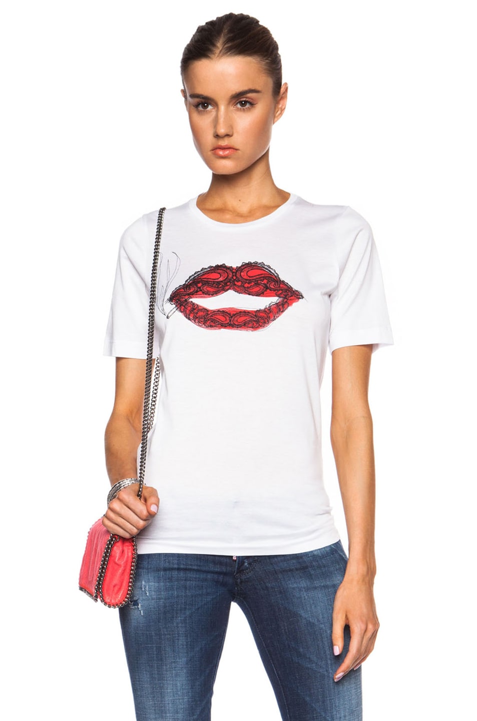 Image 1 of DSQUARED Lips and Lace Renny Cotton Tee in White