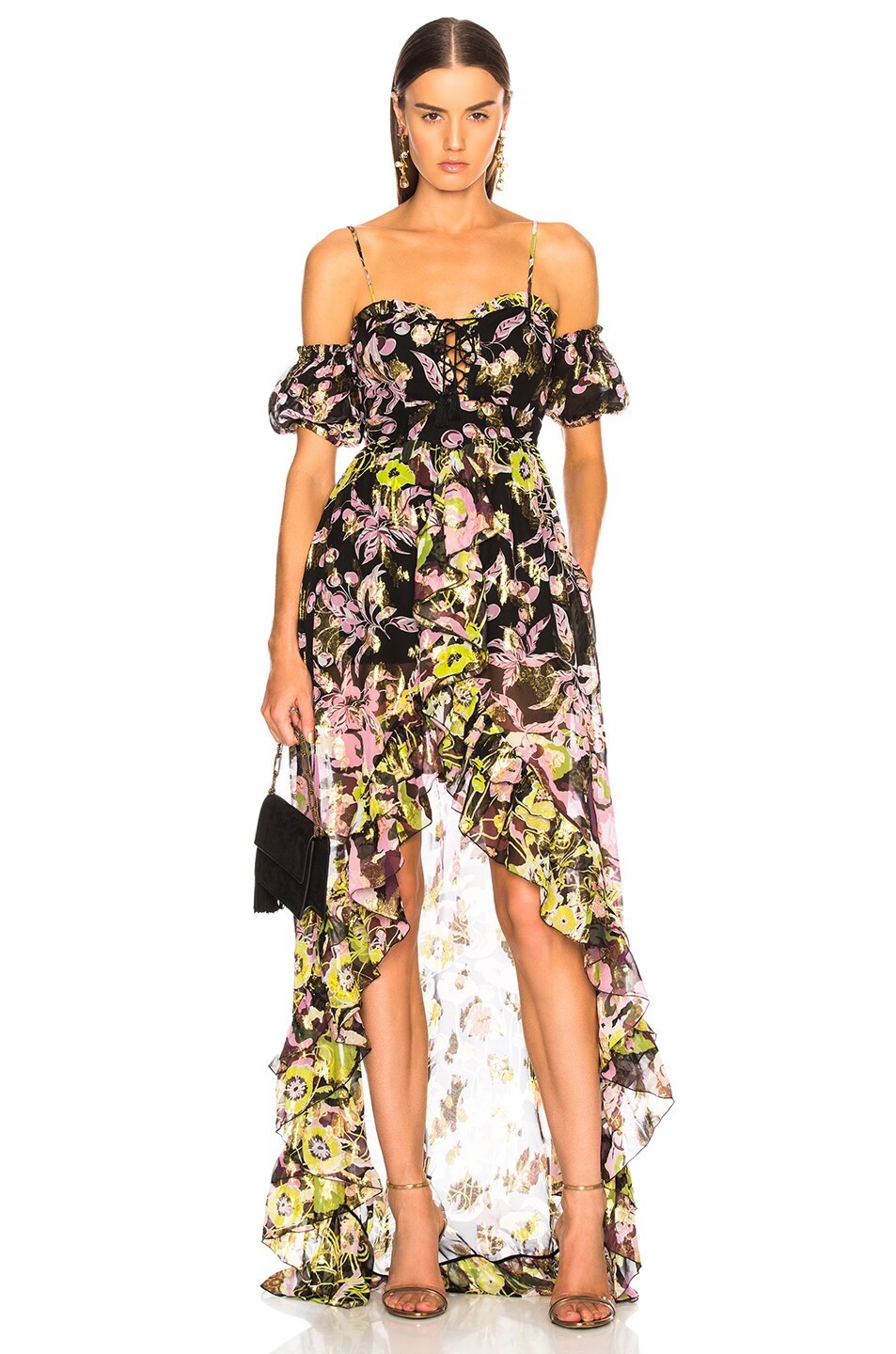 Image 1 of Dundas Fil Coupe Lace Front Maxi Dress in Black & Multicolor