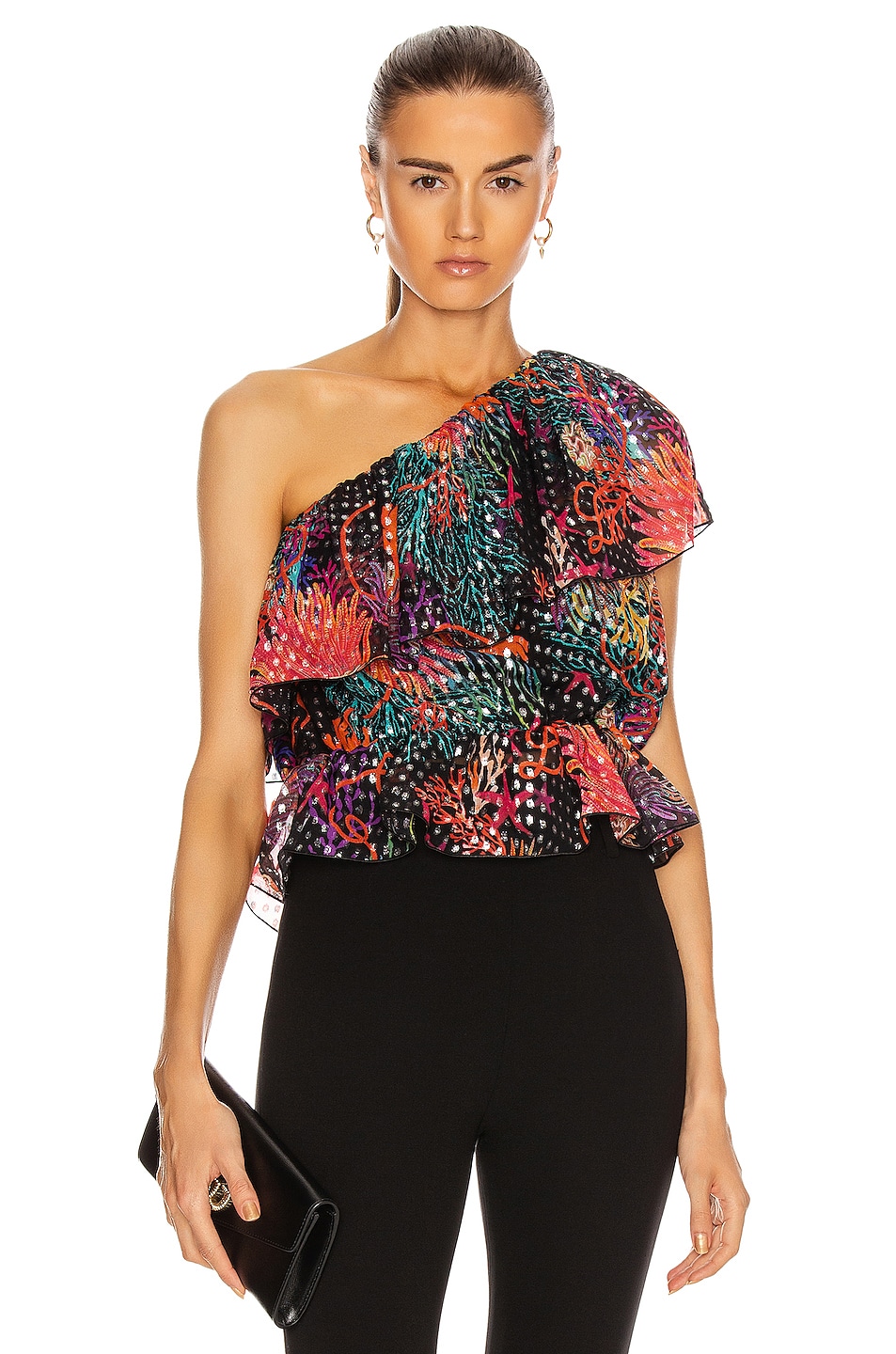 Image 1 of Dundas One Shoulder Ruffle Top in Black Coral