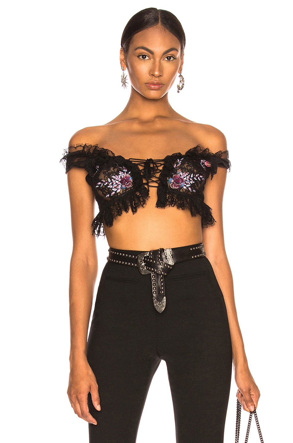 Image 1 of Dundas Lace Embroidered Crop Top in Black & Red