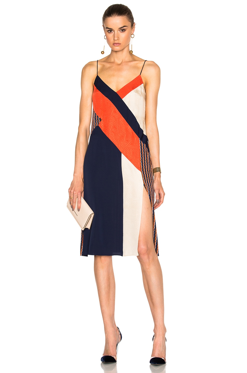 Image 1 of Diane von Furstenberg Frederica Slip Dress in Rick Rack Khaki, Orange, Midnight & Tan