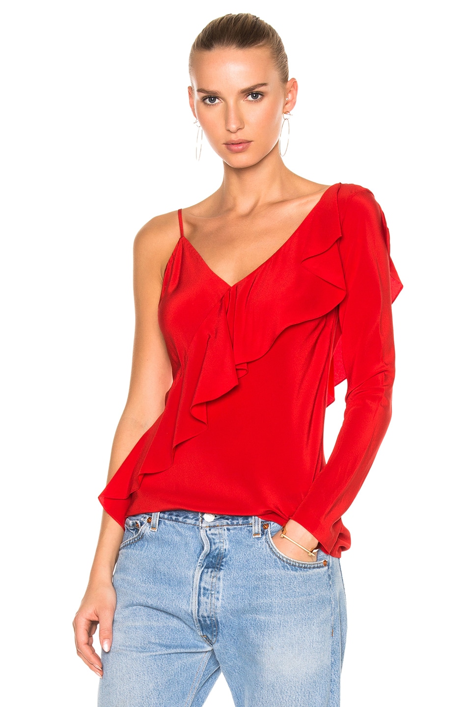 Image 1 of Diane von Furstenberg Asymmetrical Sleeve Ruffle Front Blouse Top in Dare Red