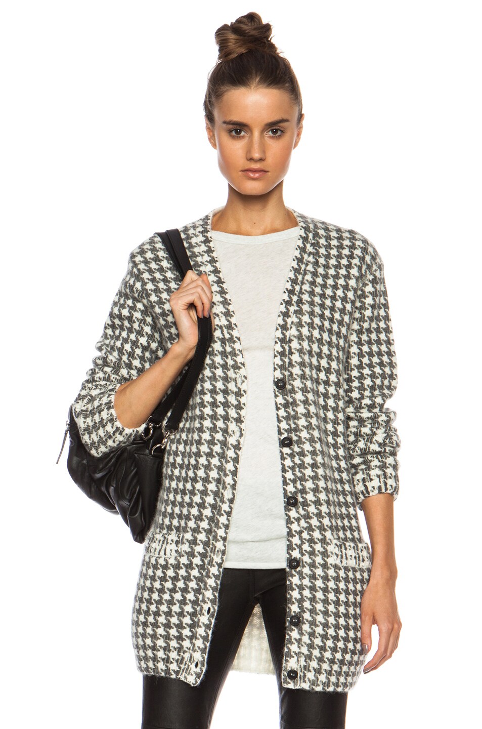 Image 1 of EACH x OTHER Houndstooth Print Alpaca-Blend Cardigan in Off White & Black