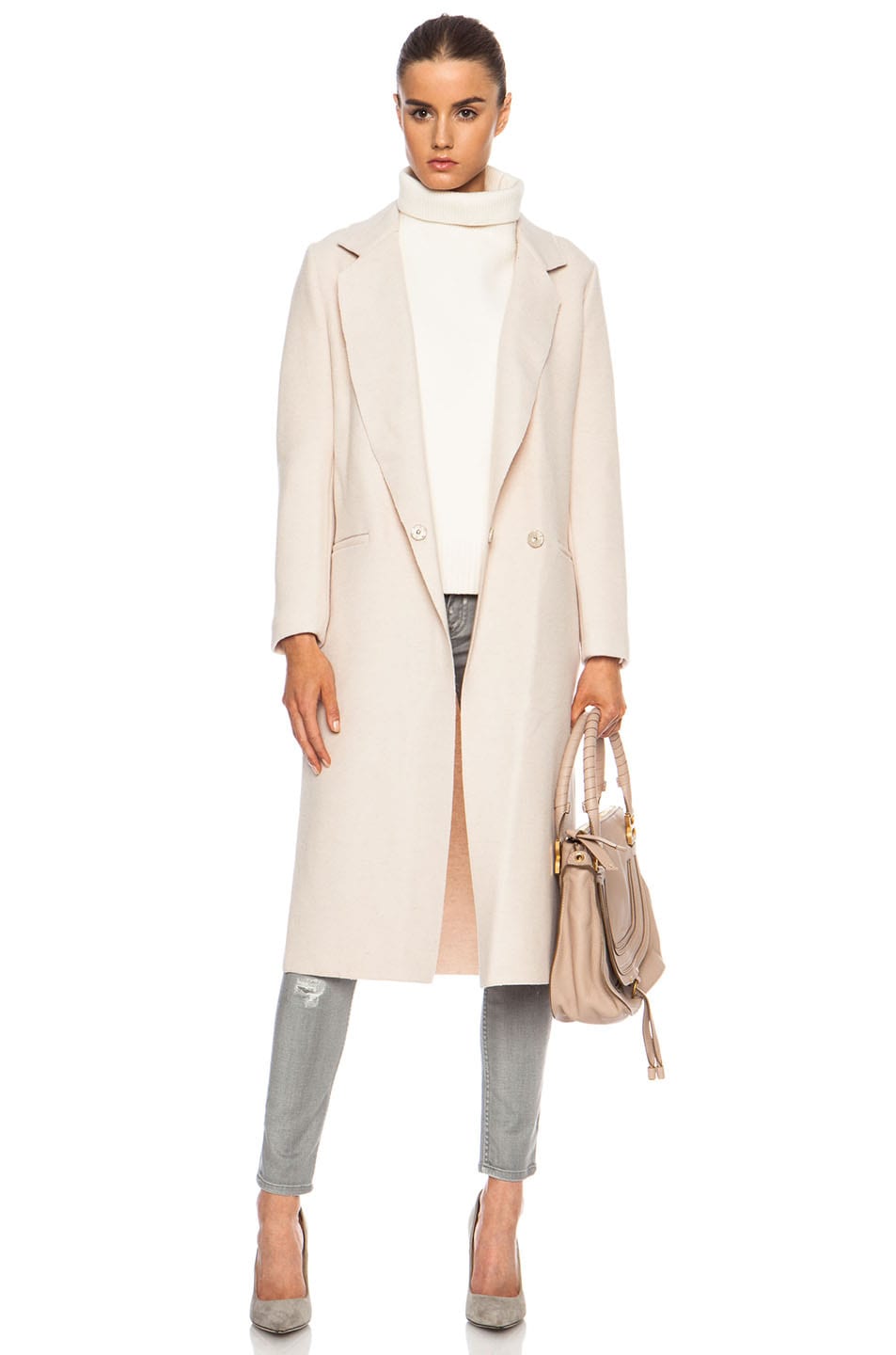 Image 1 of EACH x OTHER Leather Collar Cashmere Overcoat in Off White