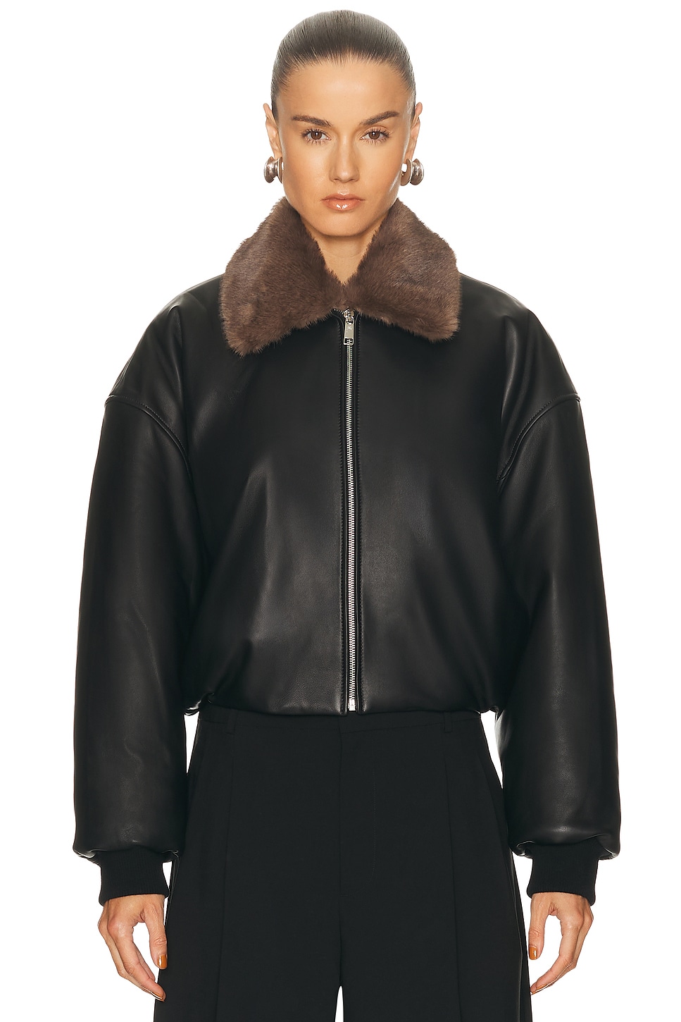 Image 1 of EAVES Norna Leather Bomber Jacket in Black