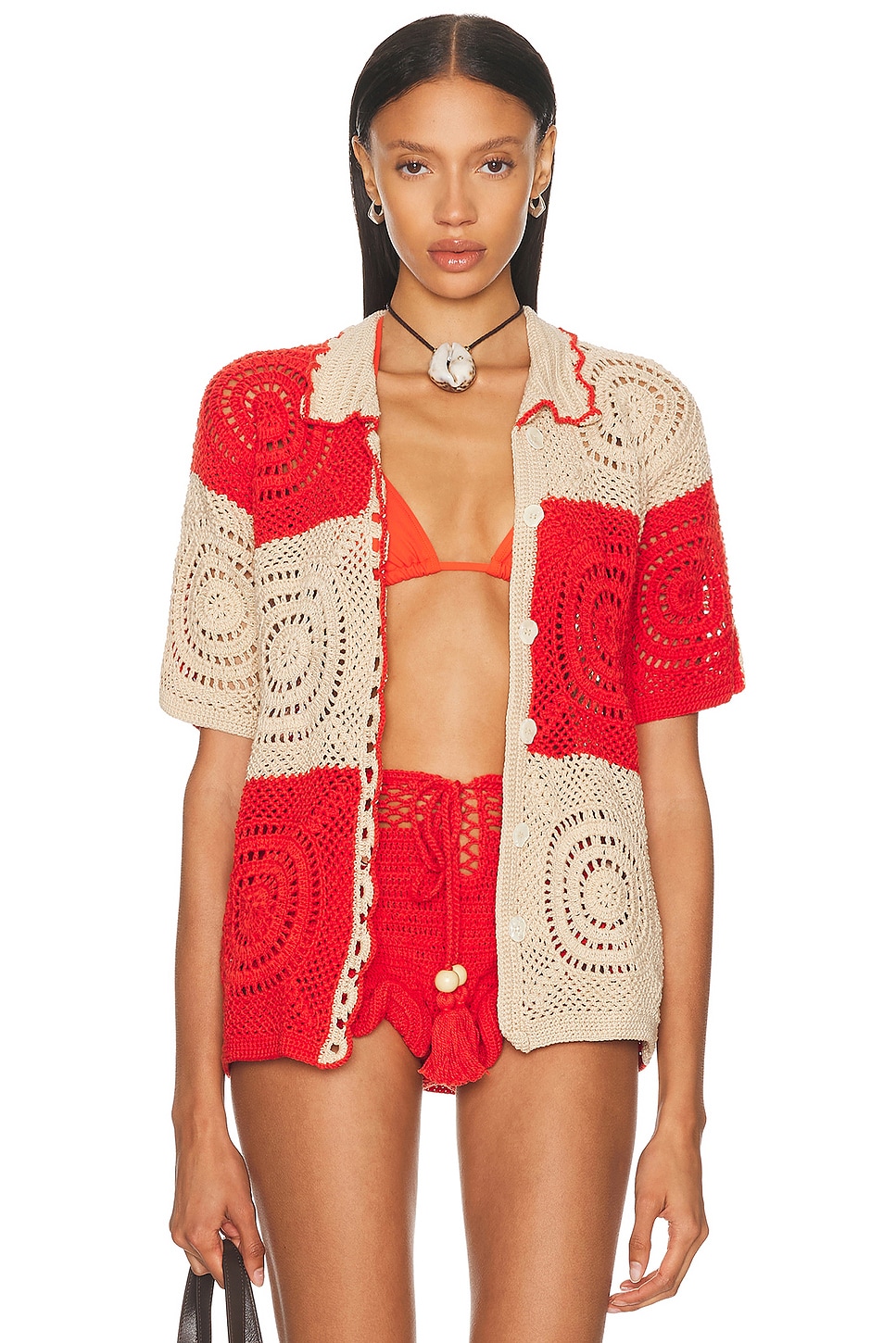 Kaleo Button Down Top in Red,Tan