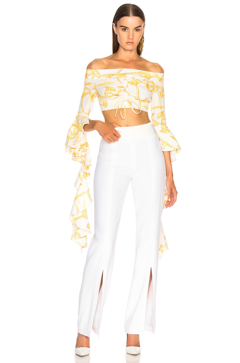 Image 1 of Ellery High Noon Frill Sleeve Crop Top in White & Yellow