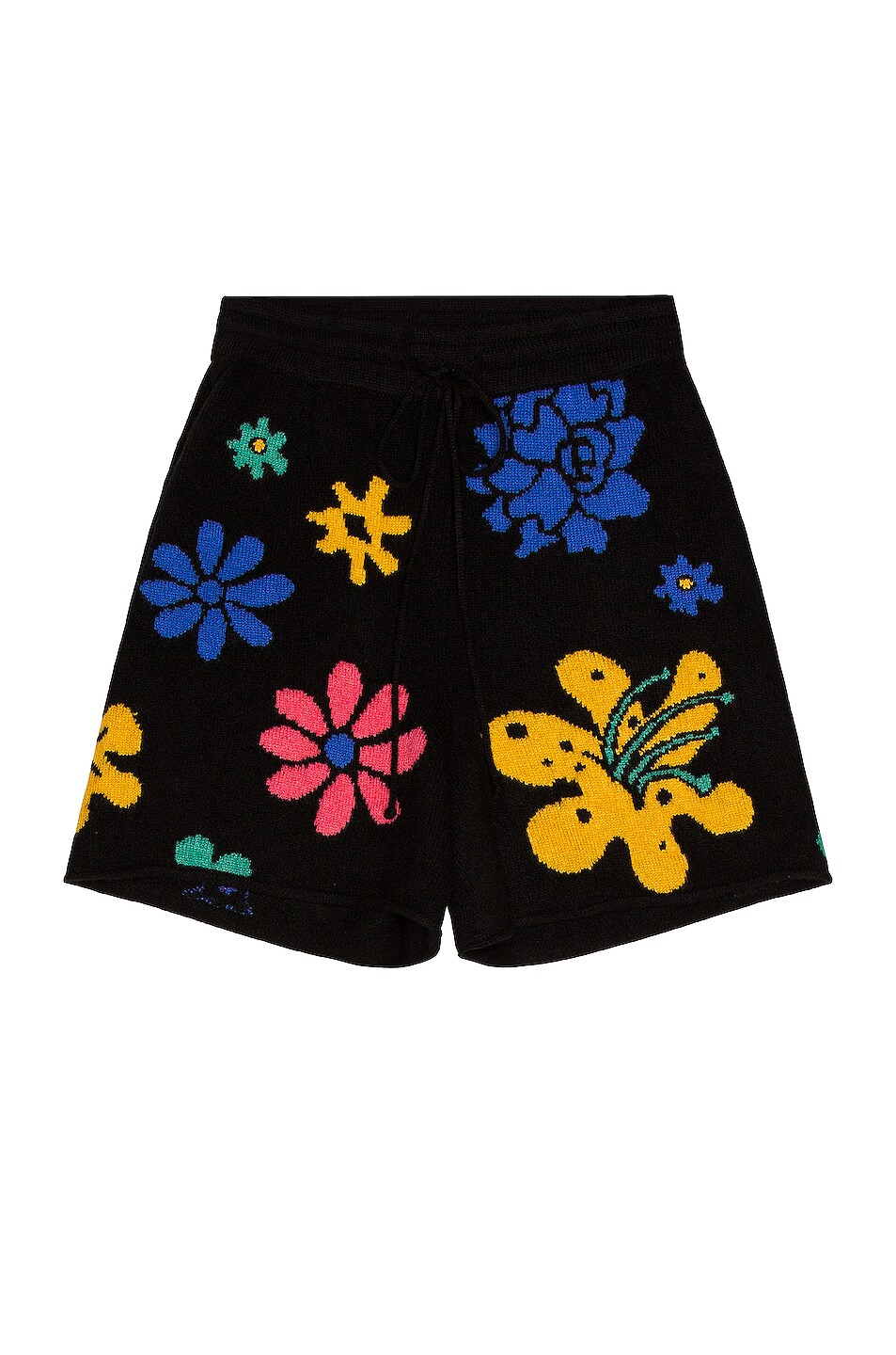 Image 1 of The Elder Statesman Heavyweight Cashmere Intarsia Sound Flowers Shorts in Black with Yellow, Turquoise, True Blue & Hibiscus