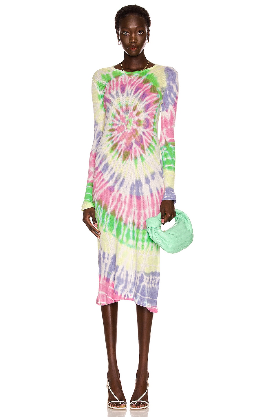Image 1 of The Elder Statesman Cotton Cashmere Long Sleeve Tsunami Maxi Dress in Ivory, Neon Pink, Gecko, Amethyst Multi
