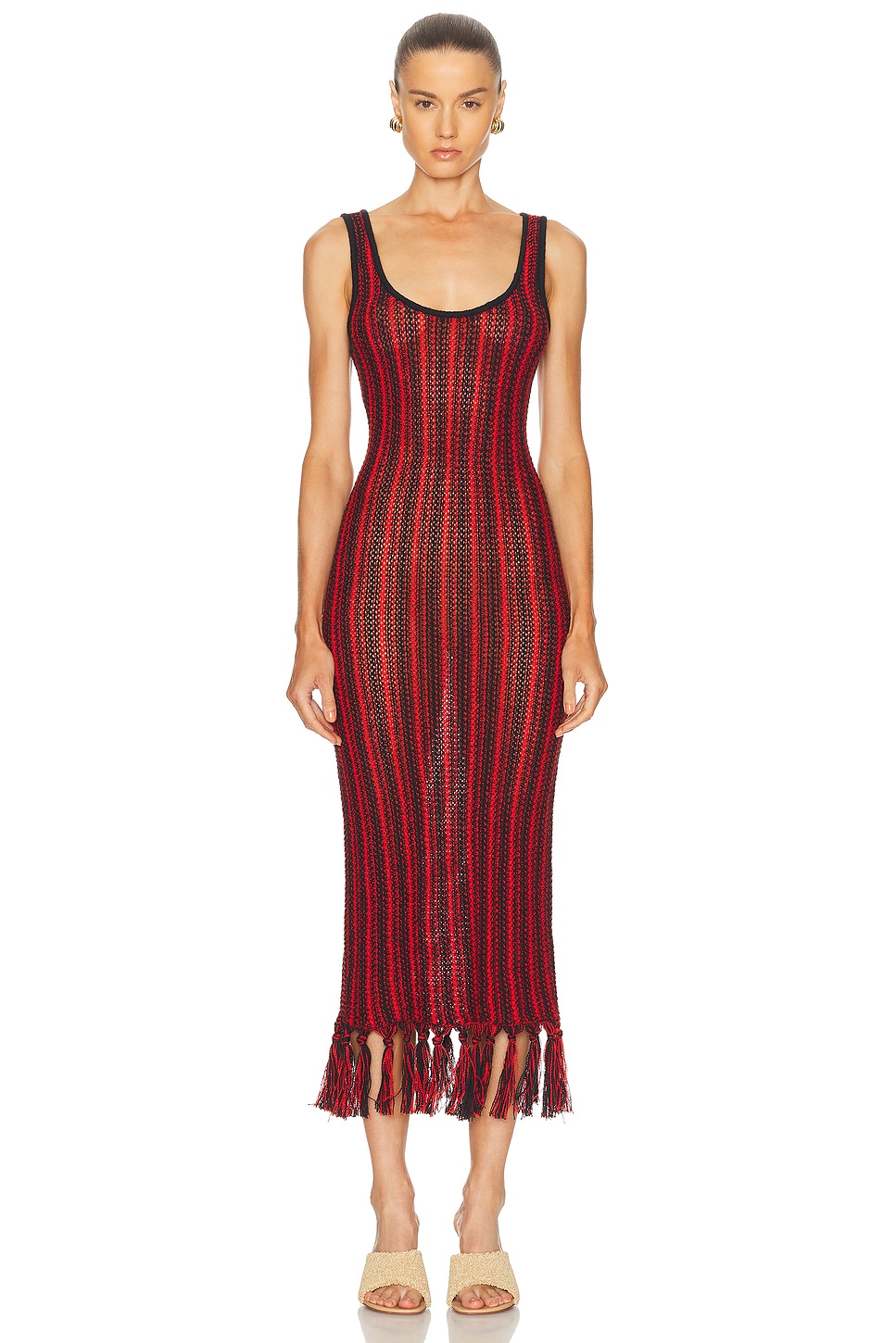 Stripe Scoopneck Fringe Dress in Red