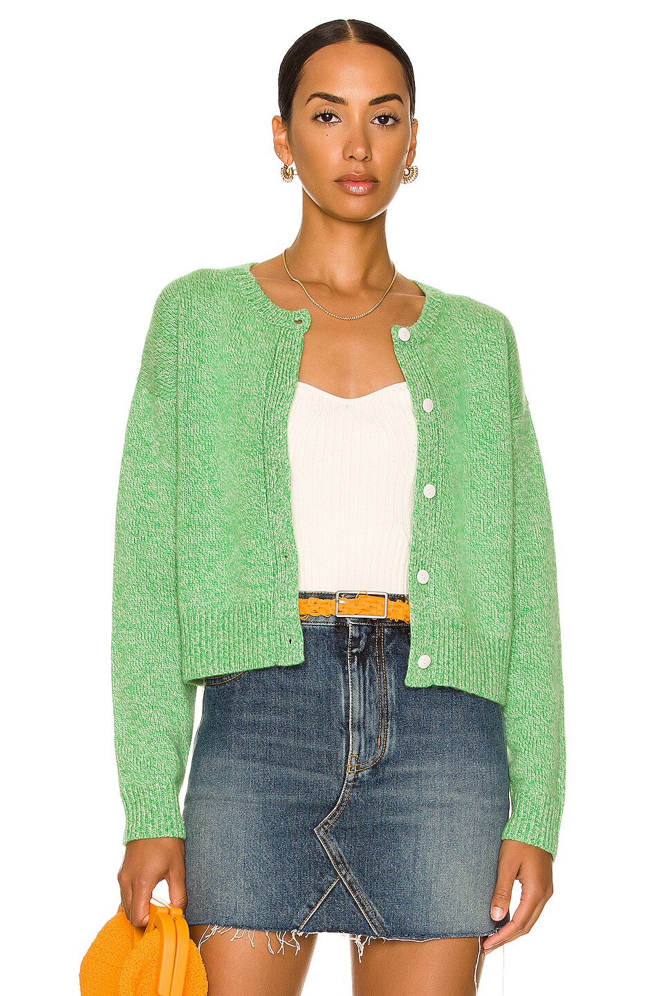 Image 1 of The Elder Statesman Cashmere Plaited Crew Cardigan in Kelly Marl