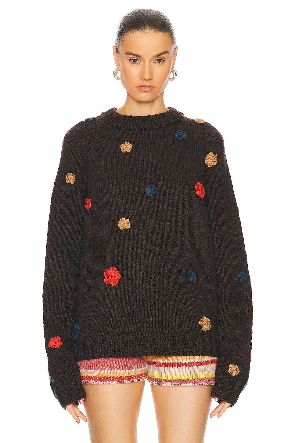 Image 1 of The Elder Statesman Mini Flowered Oversize Crew Sweater in Driftwood And Multi