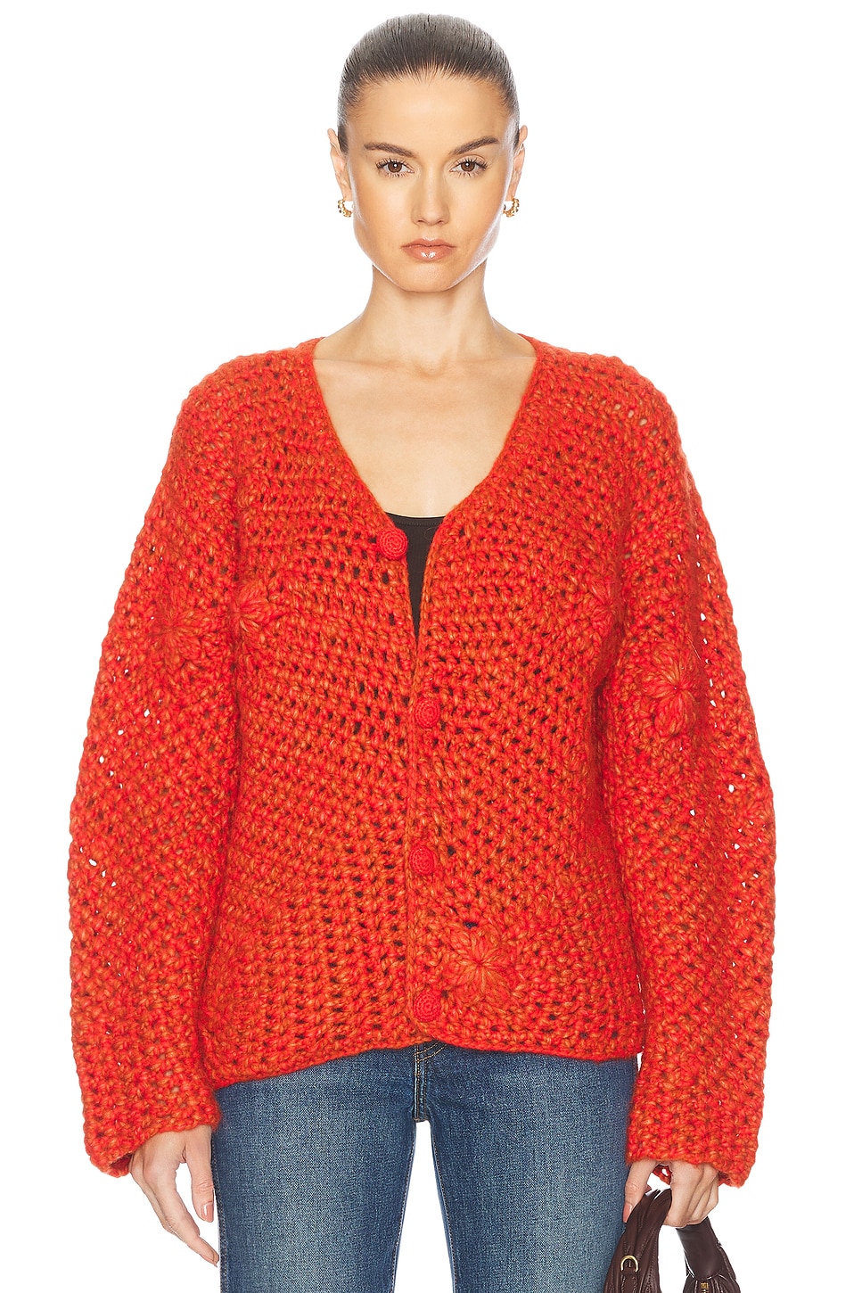 Image 1 of The Elder Statesman Crochet Boxy Cardigan in Persimmon & Tango