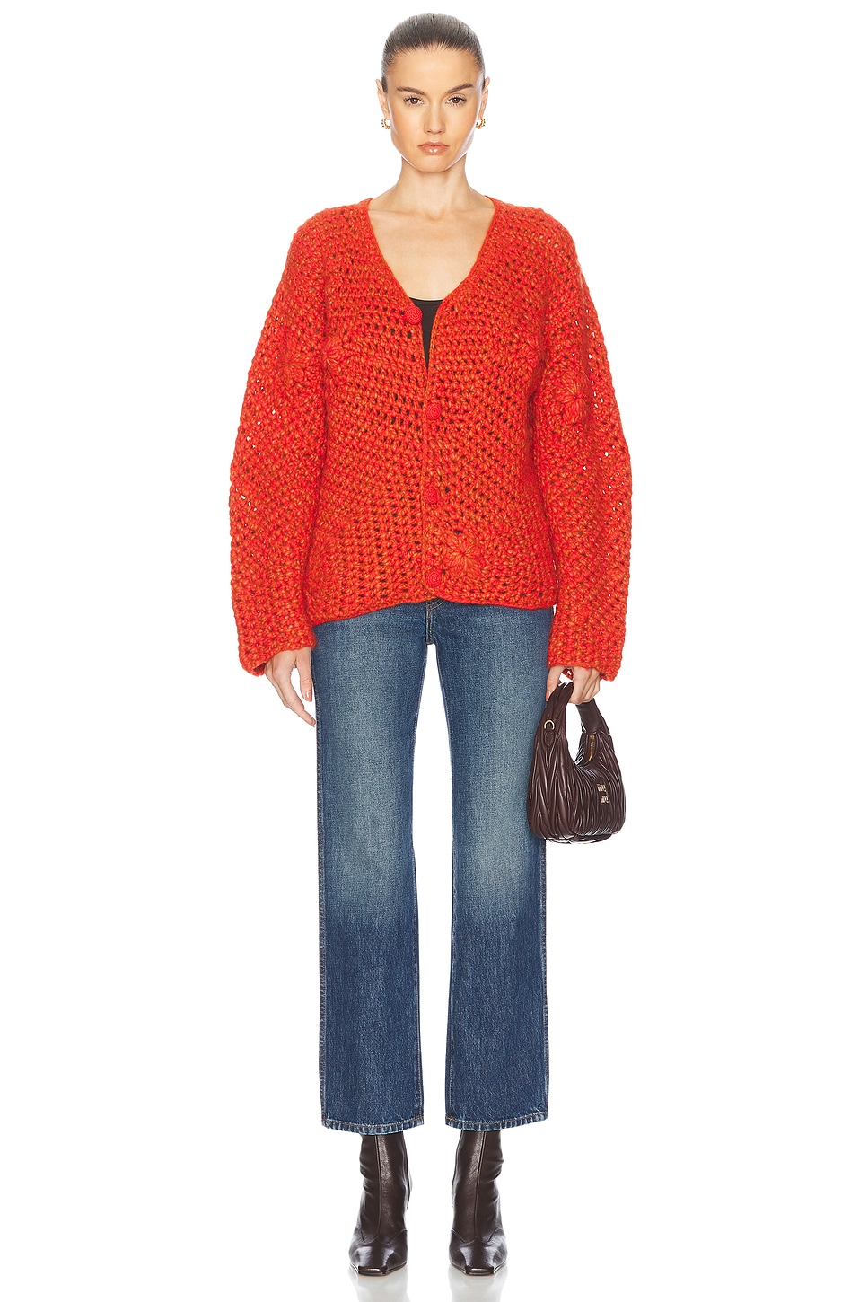 Image 5 of The Elder Statesman Crochet Boxy Cardigan in Persimmon & Tango
