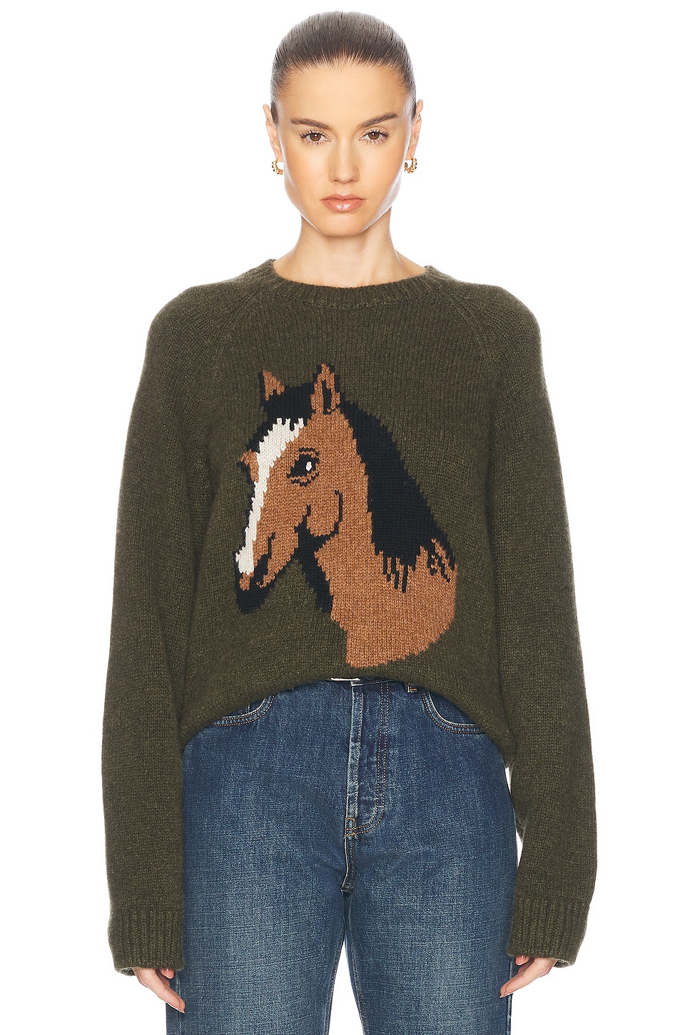 Image 1 of The Elder Statesman Horsey Raglan Crew Neck Sweater in New Olive