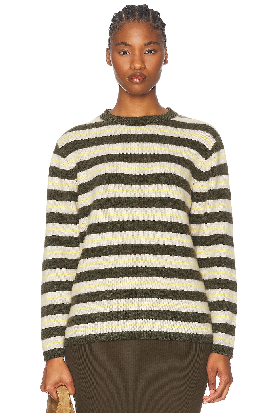 Image 1 of The Elder Statesman Sinful Stripe Crew Neck Sweater in Olive, White, & New Yellow